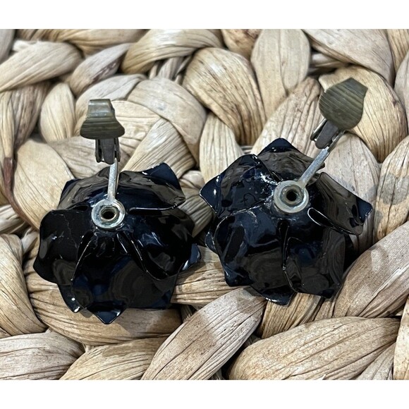 VTG Rhinestone Clip On Floral Earrings Black Enamel Aurora Borealis Whimsigoth - Picture 9 of 11